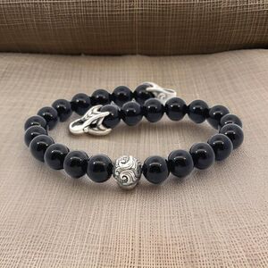 David Yurman Estate Onyx Carved Prayer Beads Bracelet 8.5" Silver DY532